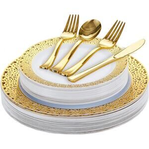 150PCS White and Gold Plastic Plates Disposable Dinnerware Set with Elegant Lace